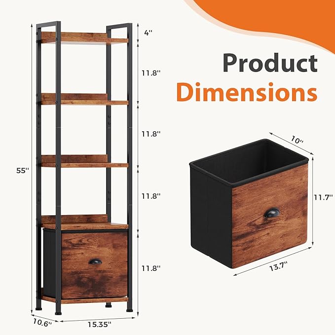 Sweetcrispy 5-Tier Bookshelf with Fabric Drawer, Wood-Metal Standing Display Shelf, Multi-Functional Organizer for Books, CDs and Movies, Suitable for Bedroom, Living Room, Brown