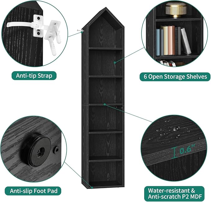 YITAHOME 73" Tall Narrow Bookshelf, Modern Open 5 Tier Bookcase, Wooden Shelf Stand for Small Spaces, Display Shelving Storage Rack for Bedroom, Living Room, Home Office, Black