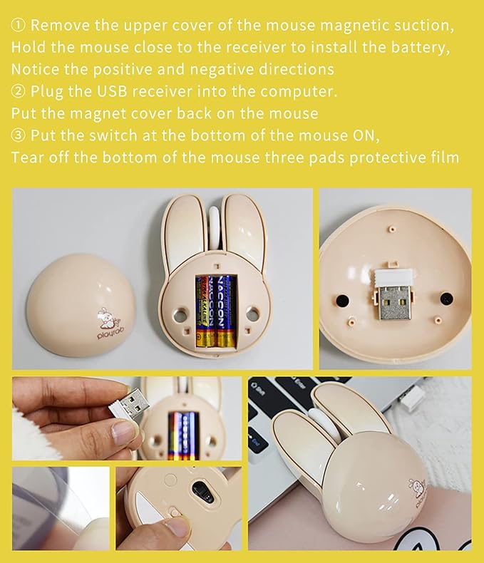 Lomiluskr Cute Bunny Wireless Mouse, Lightweight Soundless Mice, 2.4G Wireless Mice, Candy Colors, Kawaii Rabbit Mouse for Girls and Kids (Green Bunny)