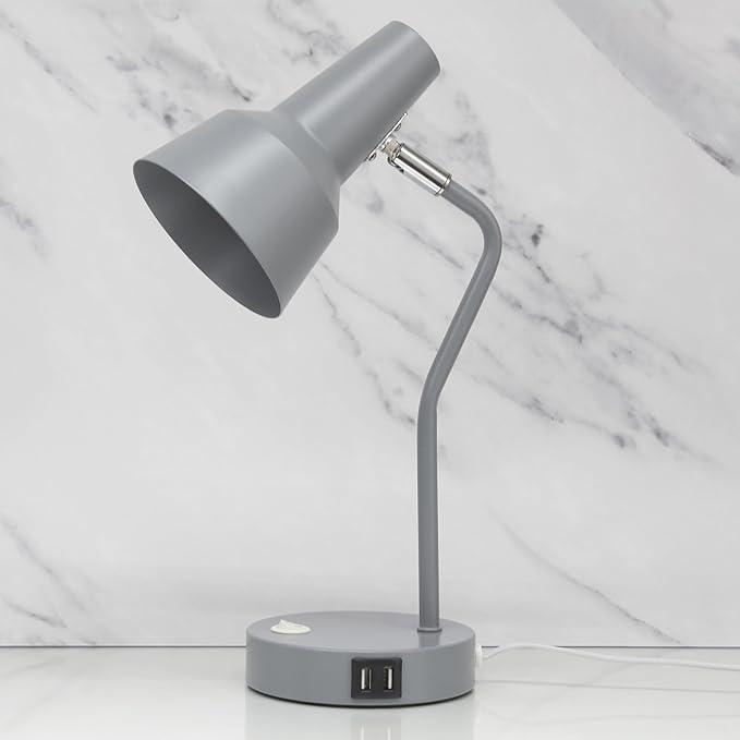 Simple Designs LD1072-GRY 15.2" Sleek Essentials Metal Cone Shade Desk Lamp with Adjustable Shade and Dual USB Ports, for Office, Desk, Nightstand, Dorm, Gray