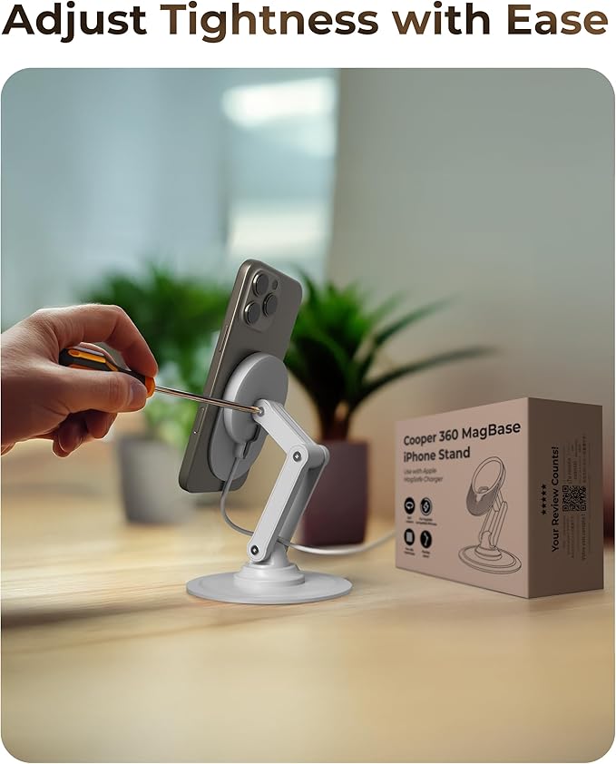 COOPER 360 MagBase - iPhone MagSafe Charger Stand for Apple MagSafe Charger (Not Included) AirPods Charger, MagSafe Stand for iPhone 17/16/15/14/13/12 Pro/Max | Standby Mode, 360° Rotation (White)