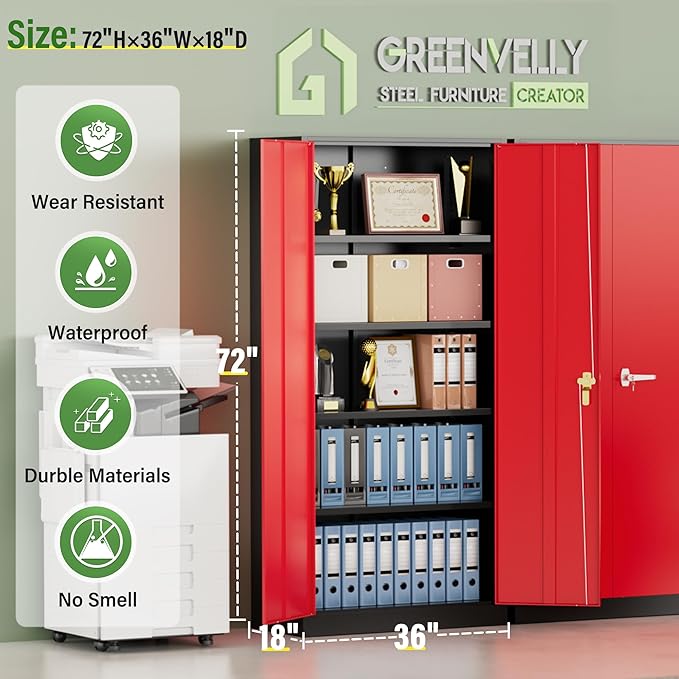 Greenvelly Metal Storage Cabinet, 72" Steel Garage Cabinet with Doors and Adjustable Shelves, Metal Cabinet with Lock,Tall Metal Office Storage Cabinet for Garage,Home Office,School (Black Red)
