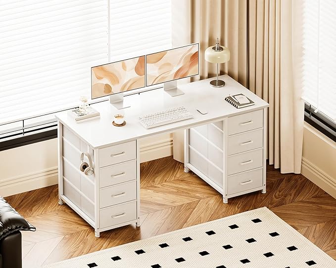 Casaottima 48 Inches Vanity Desk with 8 Fabric Drawers, Modern Office Desk with Large Storage for Home Office, Study, White