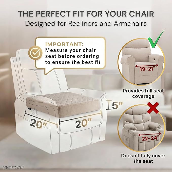 Soft 20x20x5 Memory Foam Recliner Chair Seat Cushion for Long Sitting - Armchair Pad with Washable Velvety Cover & Non-Slip Base for Seniors & Elderly - Beige