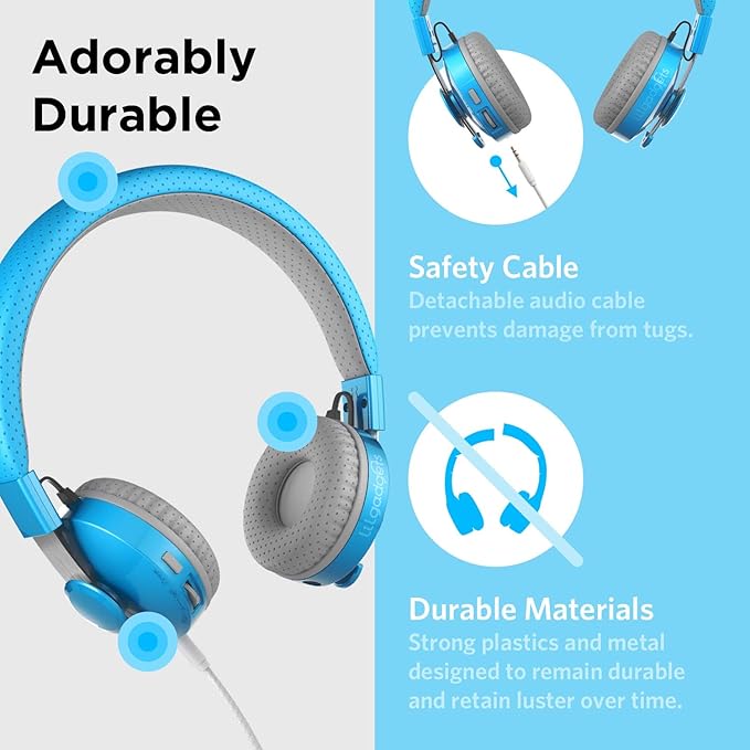 LilGadgets Bluetooth Headphones - Ages 4+ - On-Ear, Blue - Volume-Limited Kids Headphones for School with SharePort Tech & Mic - SoftTouch Padding, 12 Hr Playtime