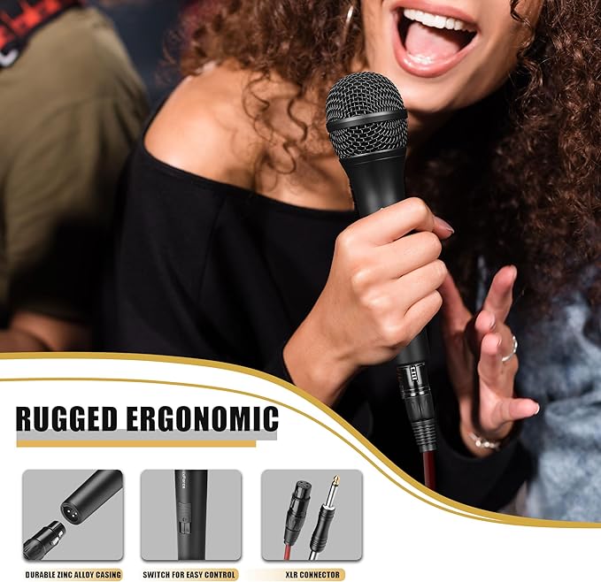 Professional Dynamic Microphone for Singing Karaoke Microphone with 16ft XLR to 1/4'' Audio Cable, Vocal Handheld Mic for Podcast Mixer Amplifier PA System