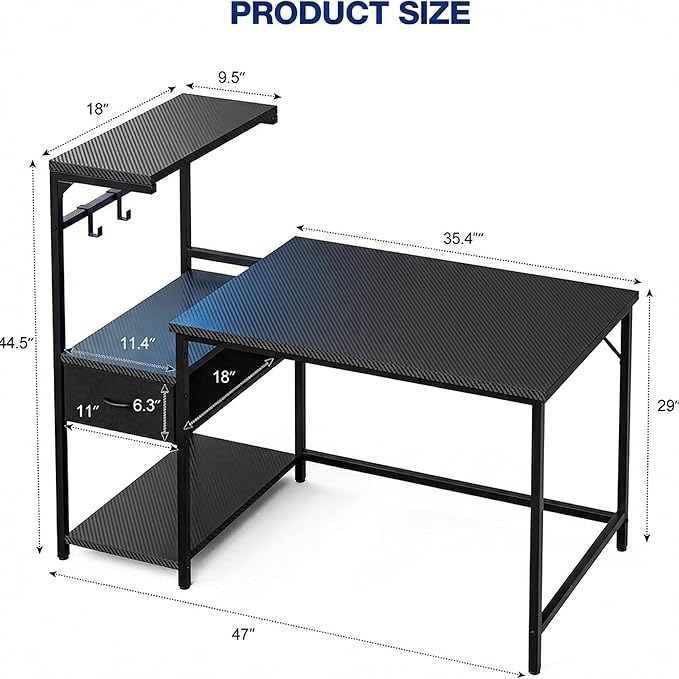 Grandder Gaming Desk 47 Inch with CPU Stand and LED Light, Computer Desk with Reversible Shelves and Storage Drawer, Pc Small Desk for Home Office Table with Bag, Carbon Fiber Black