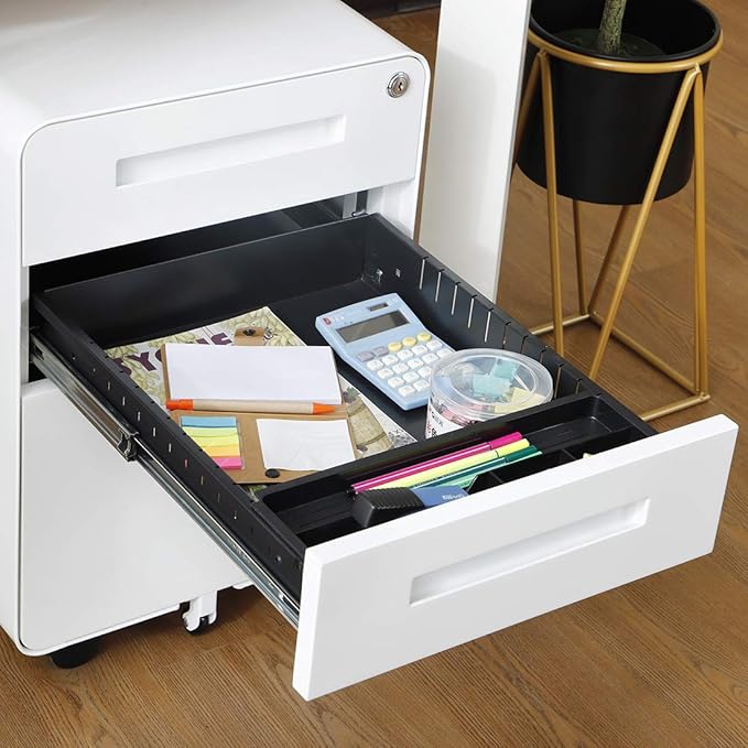 Garvee 3 Drawer File Cabinet with Lock, Under Desk Mobile Metal Filing Cabinet for Home Office, 5 Wheel Anti-Tilt Rolling File Cabinets for A4/Letter/Legal Size, Fully Assembled