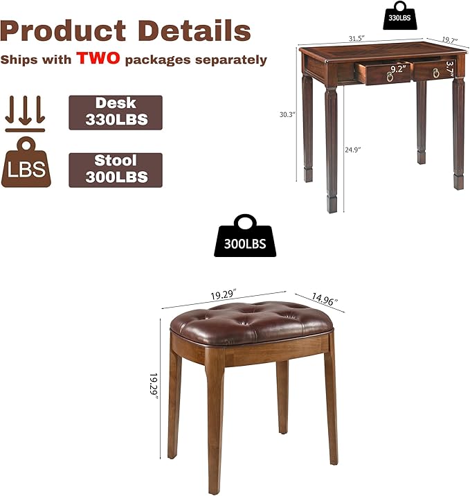 Biaco Small Wood Makeup Vanity Desk Set, Vintage Dressing Vanity Table Set with 2 Drawers & Matching Padded Bench Stool Writing Desk with Button Tufted Cushioned Stool, Cherry&Wine Red
