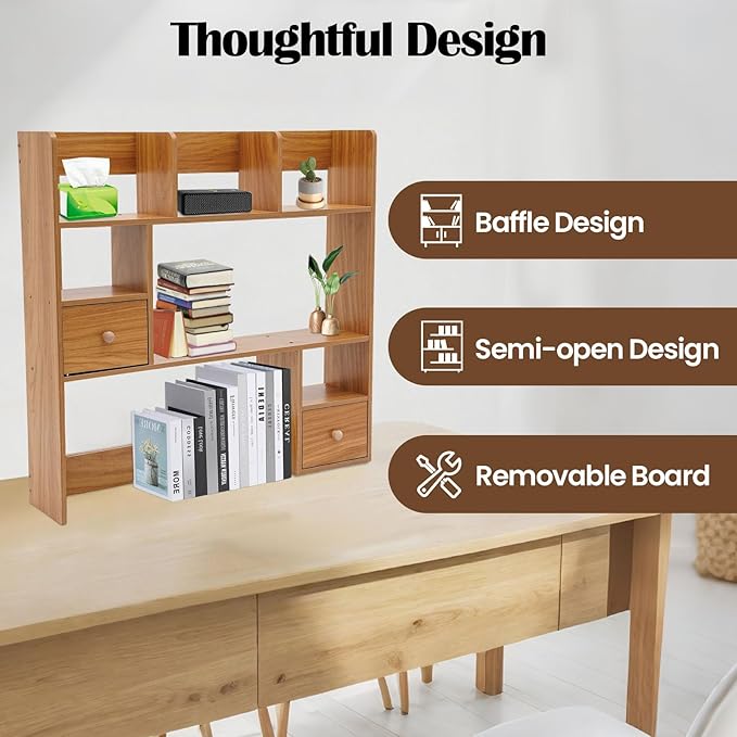 Desktop Hutch Bookshelf, 31.5 Inch Desktop Organizer Shelf with 2 Drawers & 7 Shelves, Desk Display Rack Desk Shelf for Home Office Dorm (Pine Color)