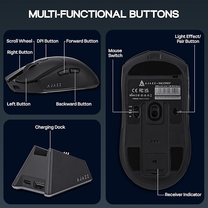 MechLands AJAZZ AJ139 V2 MC Gaming Mouse with Charging Base, Adjustable 12,000 DPI, PAW3311 Sensor, 3 Modes Wireless Mouse, 500mAh Battery, 1000 Polling Rate, 66g Lightweight, Win/Mac (Black)