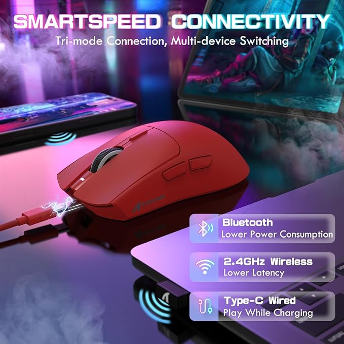 ATTACK SHARK X1 Ultralight Wireless Gaming Mouse with Magnetic RGB Charging Dock,PixArt PAW3395 Pro Sensor,40000DPI,BT/2.4Ghz/Wired,1K Polling,Optical Micro Switch,Web Driver for PC Mac Gamer(Red)