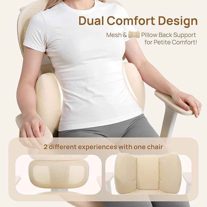 CabLady S1 Petite Ergonomic Home Desk Chair with Footrest and Headrest, High Back Fixed Lumbar Support with Detachable Pillow, Reclining Cute Office Chair for Women & Girls, 300 LBS Capacity