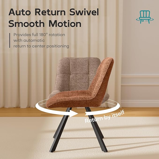 Small Desk Chair No Wheels, Swivel Velvet Vanity Chair No Arms, Armless Office Chair with Back and Metal Legs for Small Space, Bedroom, Home Office, Mid Century Modern, Caramel Brown