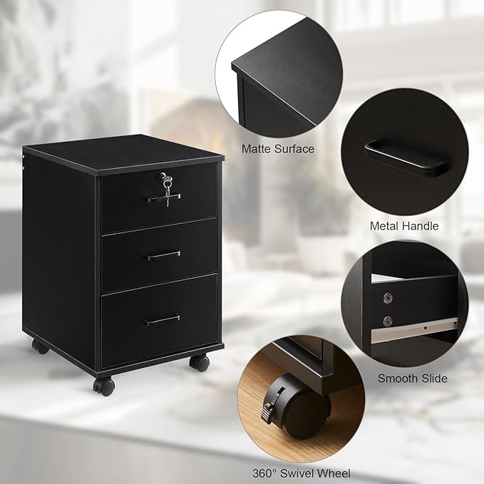 OFCASA 3 Drawer Mobile File Cabinet with Lock, Wooden Under Desk Filing Cabinet with Wheels, Small Rolling Storage Cabinet for Home Office Organizer A4/Letter Size/Legal, Black
