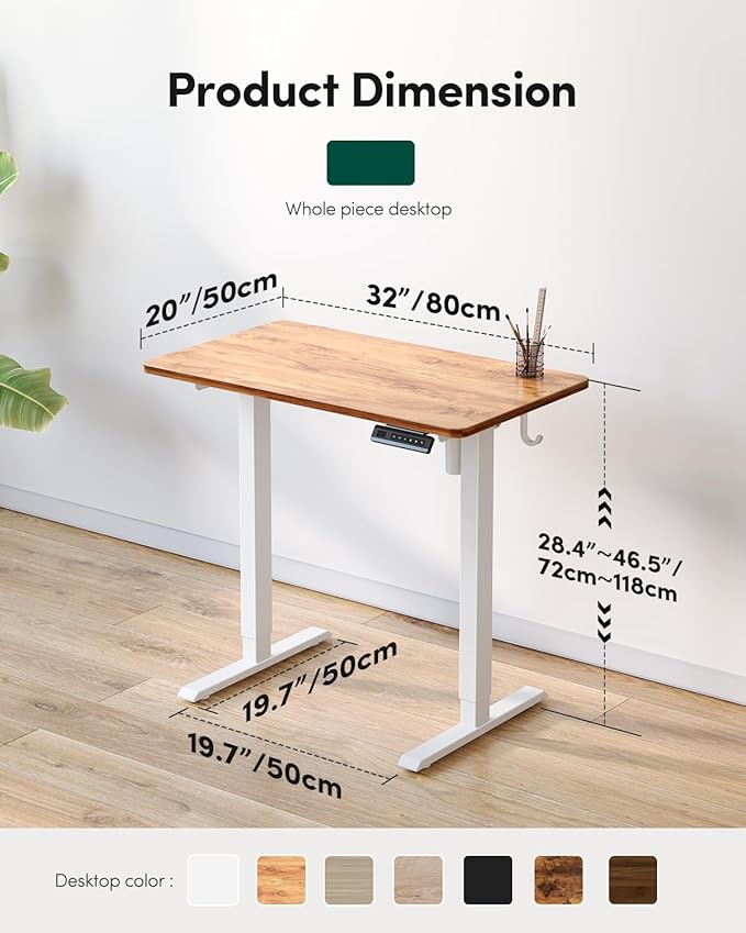 CubiCubi 32 x 20 Small One-Piece Standing Desk, Adjustable Height Electric Computer Sit Stand up Home Office Workstation, with 4 Memory Presets, Headphone Hook, Light Rustic