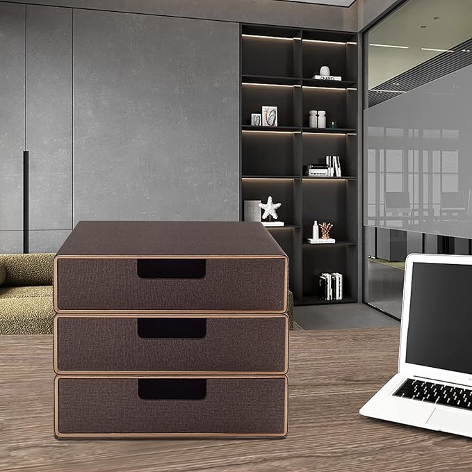 PU Leather Stackable Organizer Drawer,Executive Office Supplies Desktop Filing A4 File Cabinet/Holder for Jewelry/Bill/Paper/Documents/Makeup Home Decor Stationery Storage Box,Coffee