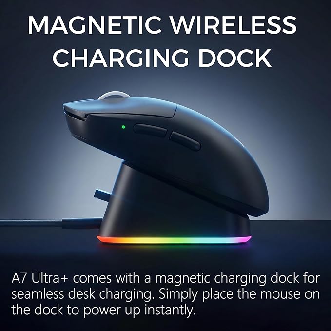 MCHOSE A7 V2 Ultra+ Wireless Gaming Mouse, Megnetic Charging Dock,Tri-Mode Connection, 59 Grams, PAW3950 TI 42K DPI Sensor, Wired/Wireless Dual 8K Polling - Black