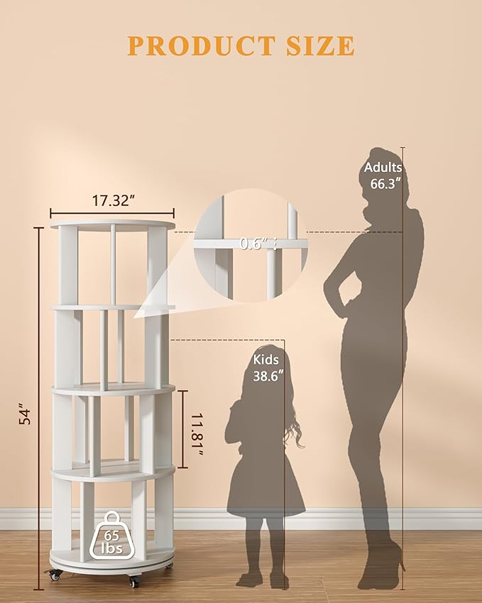 IUNVR Rotating Bookshelf, 4 Tier Solid Wood Bookshelf Tower with Lockable Wheels, 360° Spinning Revolving Bookcase for Small Spaces, Corners, Bedroom, Kids Room, Home Office, White