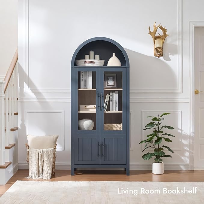 71" Tall Arched Display Cabinet, 5-Tier Bookshelf Modern Farmhouse Arched Bookcase with Glass Doors and Shelves, Wooden Pantry Storage Cabinet for Living Room, Office and Kitchen, Blue
