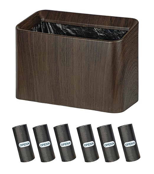 Countertop Trash Can, Mini Desktop Trash Can Open Top 0.5 Gal/2 L(with 90 Bags), Dark Wood Grain Small Plastic Tabletop Garbage Cans, Tiny Desktop Waste Basket for Office, Bedroom, Car