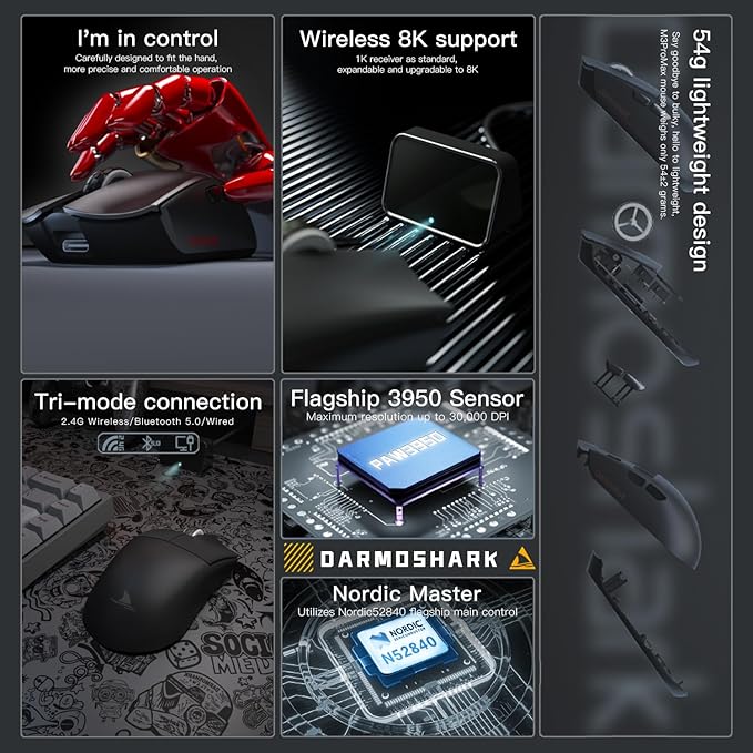 Darmoshark M3PROMAX Wireless Gaming Mouse,Tri-Mode 2.4G/USB-C/Bluetooth Mouse Up to 30000DPI,PAW3950 Optical Sensor Lightweight 54g,7 programmable Button,Computer Mouse for Laptop,PC,Windows,Linux,Mac