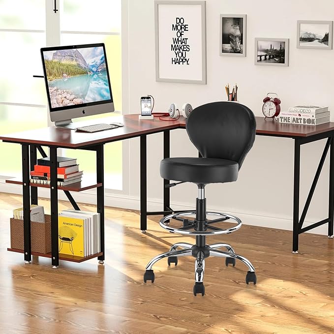 KLASIKA Black PVC Faux Leather Drafting Chair Rolling Swivel Salon Stool Seat Adjustable Height 36 Inch with Back Support Foot Rest Hydraulic Wide Seat for Tattoo Beauty Barber Lash 1Pack