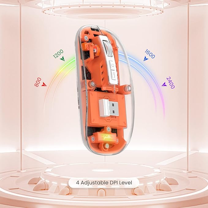 A.JAZZ Wireless Bluetooth5.1&2.4G Mini Lightweight Mouse,Transparent Clear Cool,Rechargeable Silent Computer Mice,Nano USB C Receiver,LED Battery Magic Silm For Office/PC/Mac/Laptop/Apple/ipad(Orange)