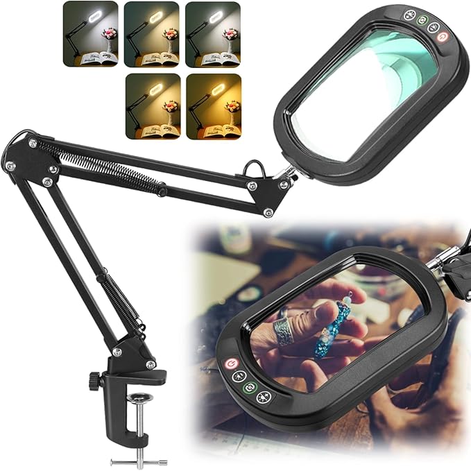 IVMAIE 10X Magnifying Glass with Light, Rectangle Real Glass, 5 Color Modes Stepless Dimmable Magnifier with Stand, LED Lighted Clamp Desk Lamp with Swing Arm, Hands Free for Reading Crafts Close Work