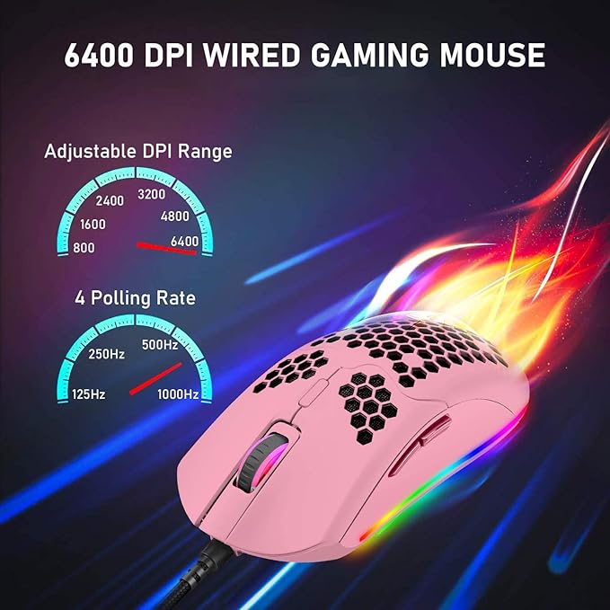 Lightweight Gaming Mouse,26 kinds RGB Backlit Mice,PixArt 3325 12000 DPI Mouse,Ultralight Honeycomb Shell Ultraweave Cable Mouse and Anti-key Can Be Set for PC Gamers and Xbox and PS4 Users(Pink)