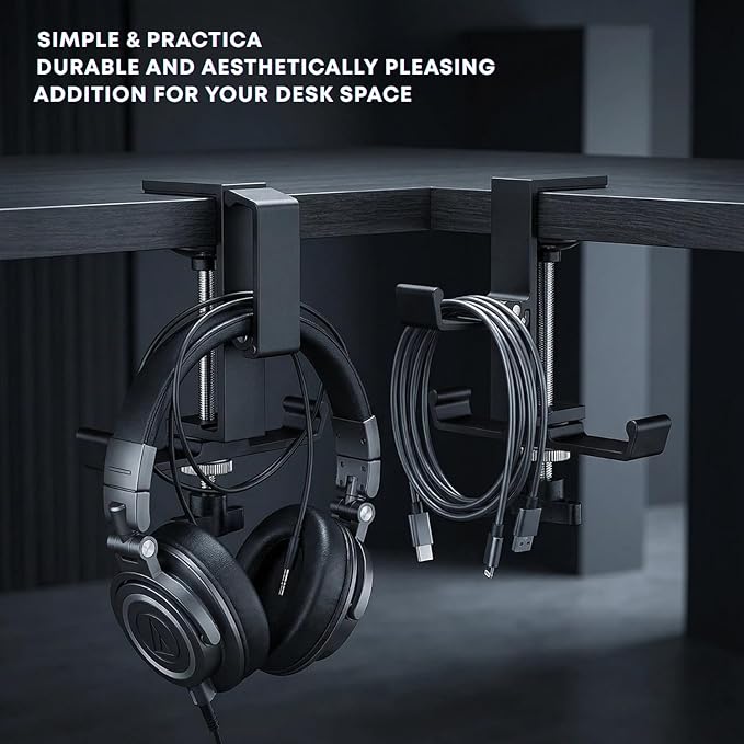 JAKO Headphone Stand for Desk, 3 Hooks Aluminum Alloy Headphone Holder (1 Foldable+2 Fixed) Space Saving Headset Stand Hook, Universal Fit PC Gaming Headsets Holder Desk Clamp for Office/Game Table