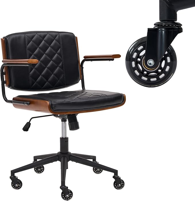 Home Office Desk Chair with Rubber Wheels, Adjustable Height Office Chair with Arms, Leather Mid Back 360° Small Computer Chair, Modern Walnut Chair for Office, Reading Meeting Room (Black)