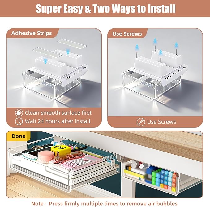 TooCust 3-Pack Under Desk Drawer for Desk with Frame & Beam, Fits Where Standard Drawers Can't, 52mm Heightened Slide Out Organizer, Dual Adhesive or Screw Mount, Clear PET Under Table Storage