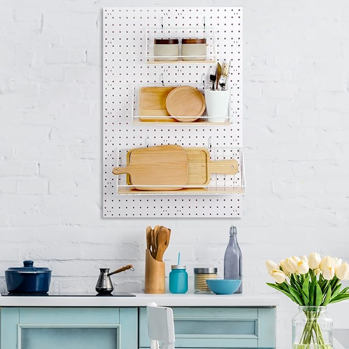 Roowest 3 Sets Metal Pegboard Shelves with Steel Peg Board Brackets and Hooks Wall Organizer Storage Display Tray Accessories for Craft Room Home Office Garage Nursery Workbench Kitchen(White)