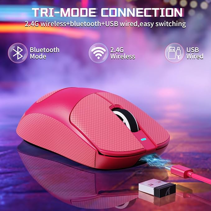 ATTACK SHARK X8SE Wireless Gaming Mouse,Adjustable 25K DPI PAW3311 Optical Sensor,Ergonomic 59g Lightweight,Triple Modes 2.4G/BT/USB-C,500mAH Battery,5 Programmable Buttons for PC/Mac-Red&Griptape
