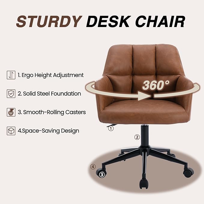 Modern PU Leather Office Chair Set of 2, Height Adjustable Comfy Desk Chair with Wheels, 18.3” Wide Swivel Armchair for Living Room Home Office Computer, Brown