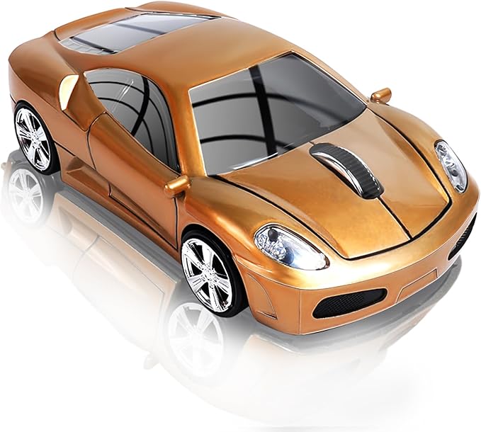 elec Space Wireless Mouse 2.4GHz Cool Sport Car Shape Wireless Mouse Optical Cordless Mice with USB Receiver for PC Laptop Computer 1600 DPI 3 Buttons Gold