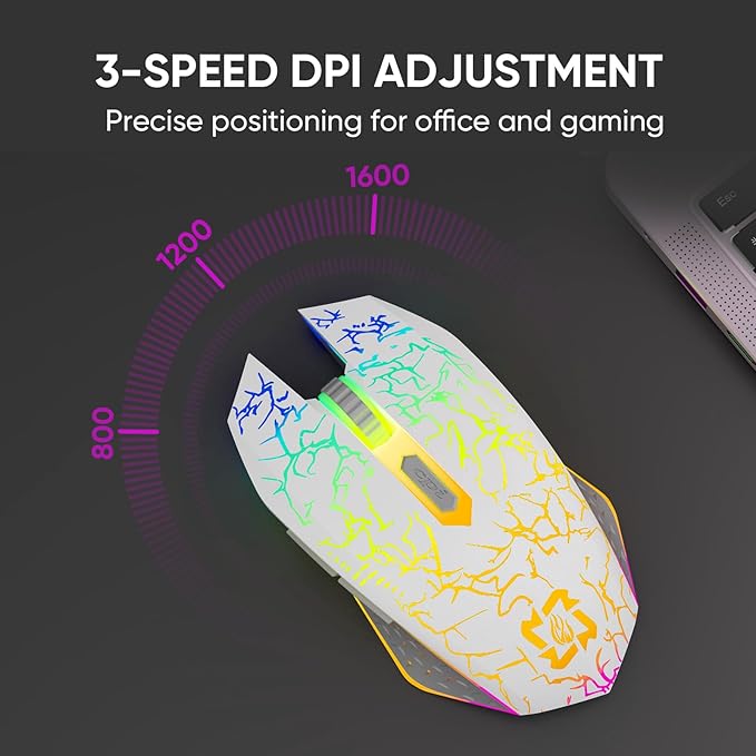 MELOGAGA Bluetooth Mouse Wireless Gaming Mouse, 2.4G Cordless RGB Rechargeable PC Game Mouse Computer Mice for Laptop Desktop -White