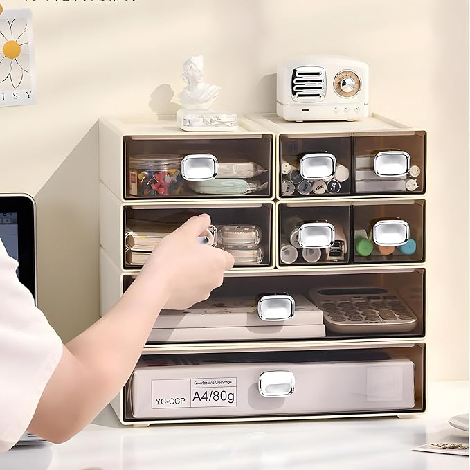 Spacious Desktop Storage Box, 2 Large Storage Drawers, Stackable Office Desk Drawer Organizer and Accessories, Printer Paper Organizer, Cream Plastic Drawers for Workspace