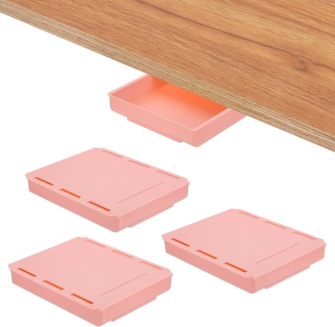 PATIKIL Under Desk Drawer, 4 Pcs Under Table Storage Self-Adhesive Attachment Drawers Organizer for Pens Standing Desk Office Studio Home, Pink, Large