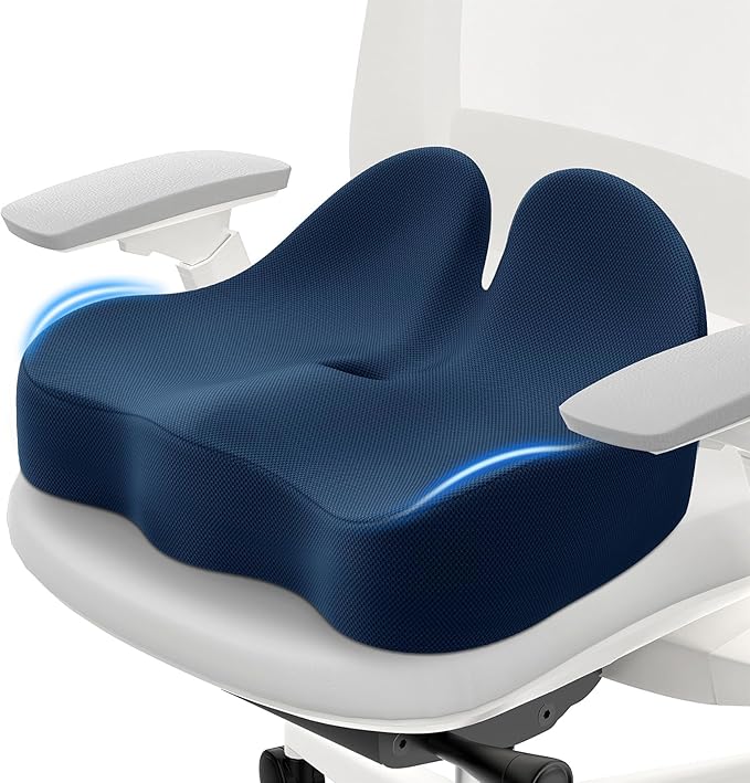 Cushzone Seat Cushion, Memory Foam Office Chair Cushions, Ergonomic Curved Design for Sciatica, Tailbone, Coccyx, Seat Support for Car, Desk Chair, Wheelchair, Enhances Long Sitting Comfort (Blue)
