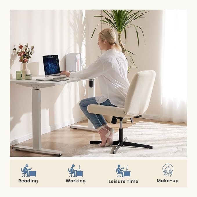 DUMOS Criss Cross Legged Chair Wide Comfy Home Office Desk Seat, No Wheels Armless Computer Task Seating, Swivel Vanity Chair Height Adjustable for Makeup Bedroom, Fabric Beige