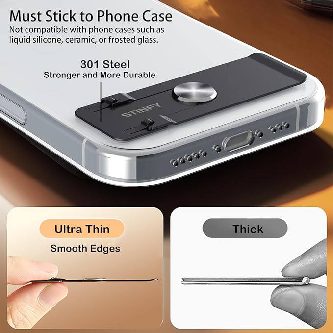 Phone Slim Stand Thin Kickstand, Ultra Thin Vertical Horizontal Universal Steel Metal Stable Mount Attachable Pocket Friendly Phone Holder for iPhone Samsung Phone Case (Black 1-Pack)
