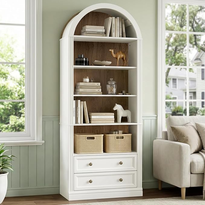 RALGEND Farmhouse Arched Bookshelf, 7 Tiers Arch Bookcase with 2 Spacious Drawers, Modern Book Shelf with Open Display Shelves and Storage Cabinet, for Office, Living Room, Kitchen, Walnut and White