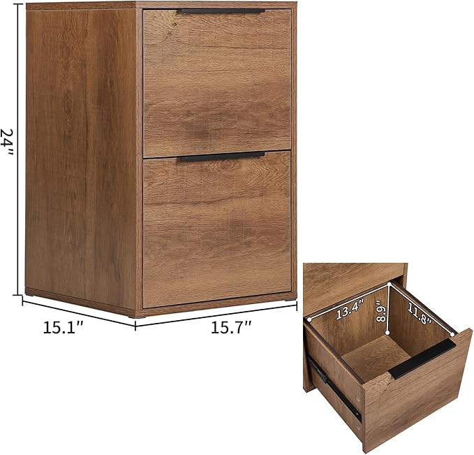 Wooden 2 Drawer File Cabinet, Wood Vertical Filing Cabinet Fits Hanging Files Letter Size for Home Office, Brown