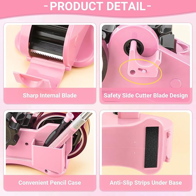 THINKLEARN Heat Tape Dispenser - Sublimation Heat Transfer Tape Dispenser with Scissors and Utility Knife, 1 '' & 3'' Core, Multi-Roll Pre-Cut Tape Dispenser, Light Pink
