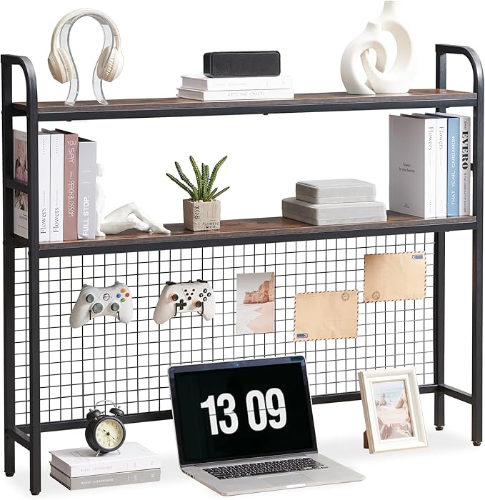 Desktop Hutch Shelf Organizer, 2-Tier Metal & MDF Desk Bookshelf with Grid Panel and Hooks for Office & Dorm (Rustic Brown, 45.3")