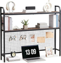Desktop Hutch Shelf Organizer, 2-Tier Metal & MDF Desk Bookshelf with Grid Panel and Hooks for Office & Dorm (Rustic Brown, 45.3")
