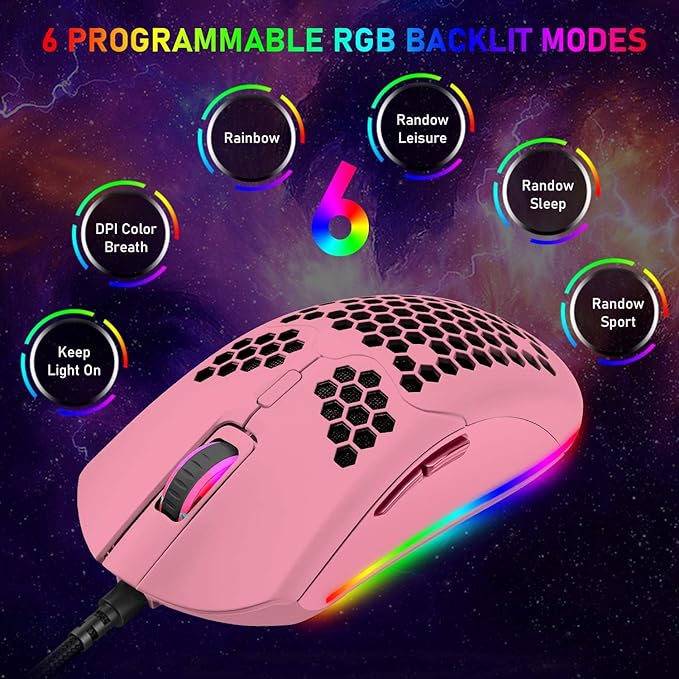 Lightweight Gaming Mouse,26 kinds RGB Backlit Mice,PixArt 3325 12000 DPI Mouse,Ultralight Honeycomb Shell Ultraweave Cable Mouse and Anti-key Can Be Set for PC Gamers and Xbox and PS4 Users(Pink)