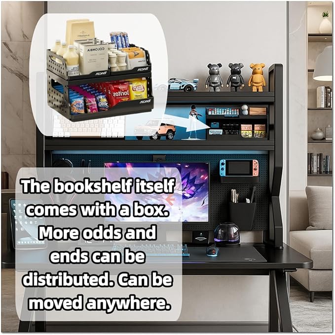 Desktop Hutch Bookshelf,Many Gifts,Metal Desktop Bookcase with pegboard, Desk Shelf, Countertop Storage Organizer Rack for Dorm or Office,Desktop Shelves (Black, 45.3" Lx9.9 Wx39 H)